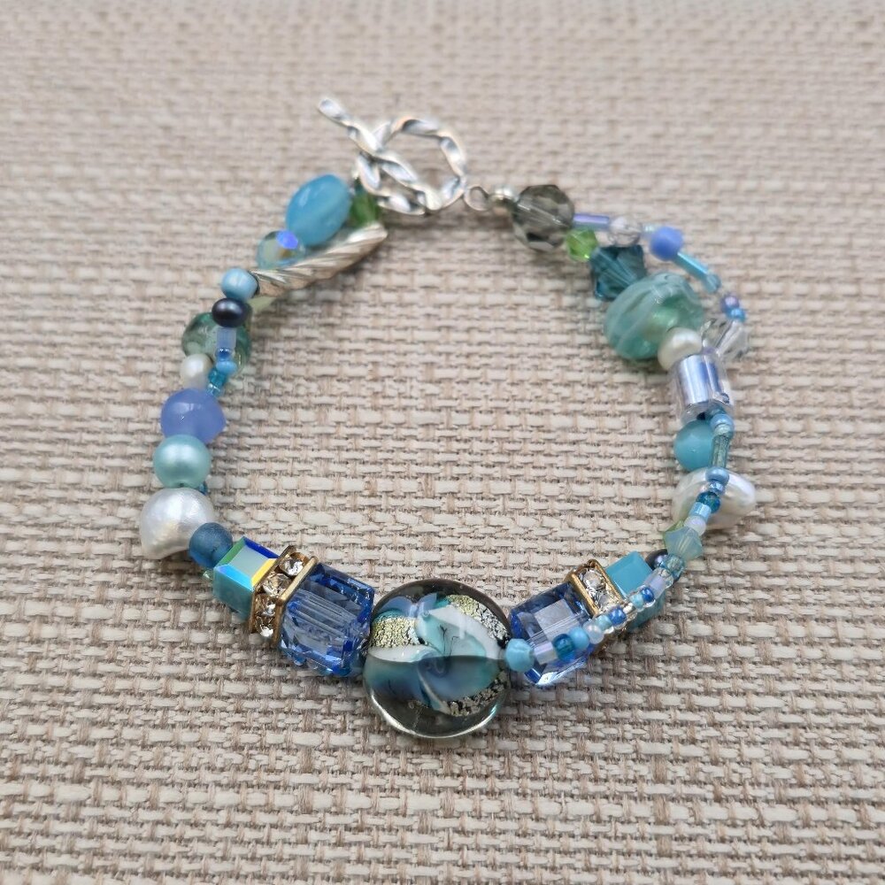 7 Inch Sterling Silver Handmade Pearl And Glass Bracelet B964